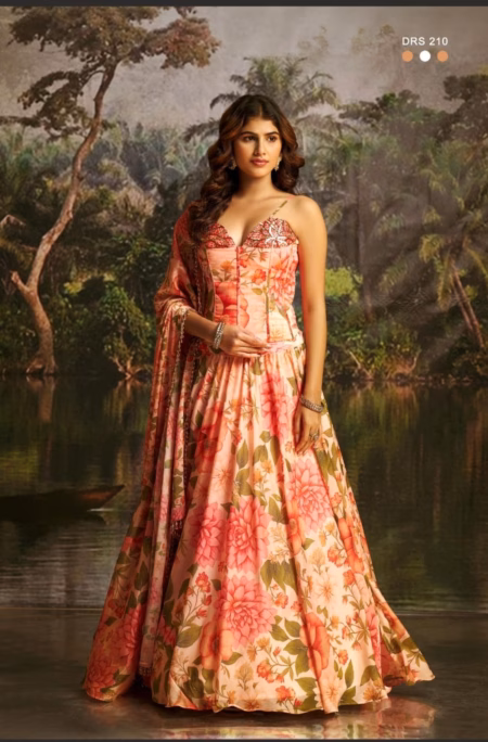 Peach floral digital printed georgette corset style top and lehenga with dupatta