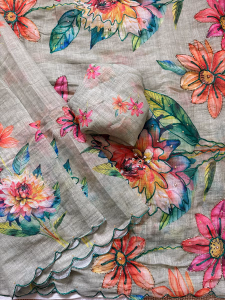 Soft linen silk with digital print and khatli work saree