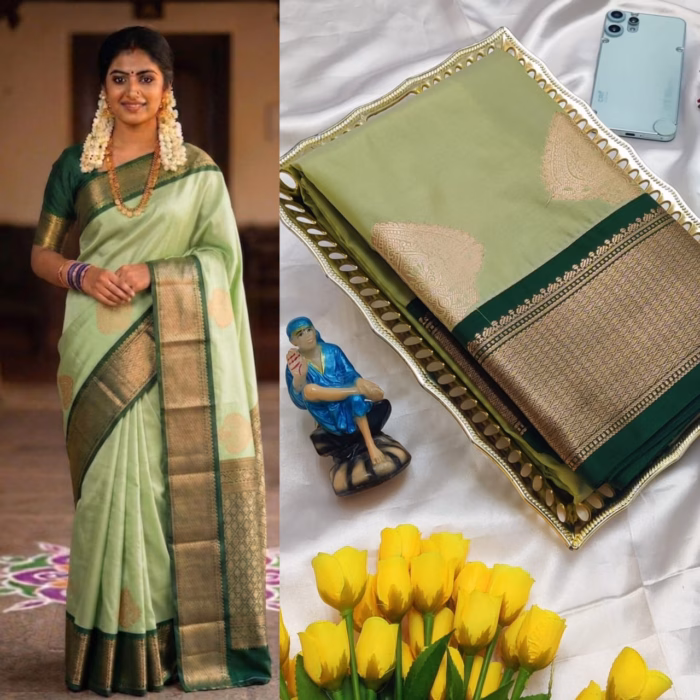 Elegant Korvai soft silk saree in light green with dark green contrast pallu, featuring traditional gold woven motifs and a matching blouse, UK ready stock.