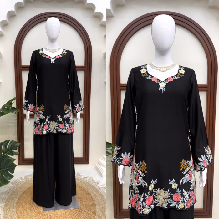 Black embroidered ready to wear top and palazzo set styled for festive occasions