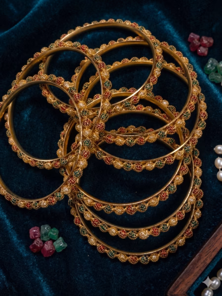 Traditional Ruby & Emerald Pearl Bangles | Antique Gold Indian Bangle Set
