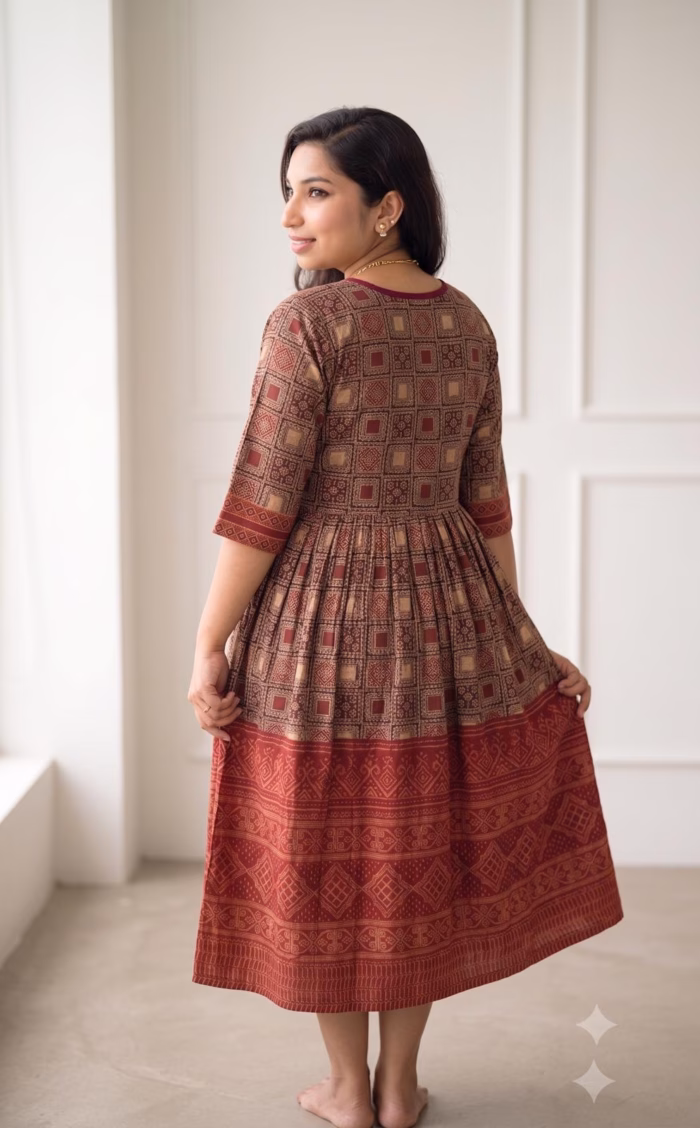 Model wearing Ajrakh block print ethnic cotton dress women’s casual Indian dress UK