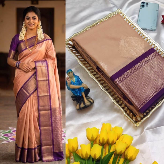 Premium Korvai soft silk saree in peach with deep purple contrast pallu, detailed gold motifs, ready to wear with matching blouse, festive and wedding wear.