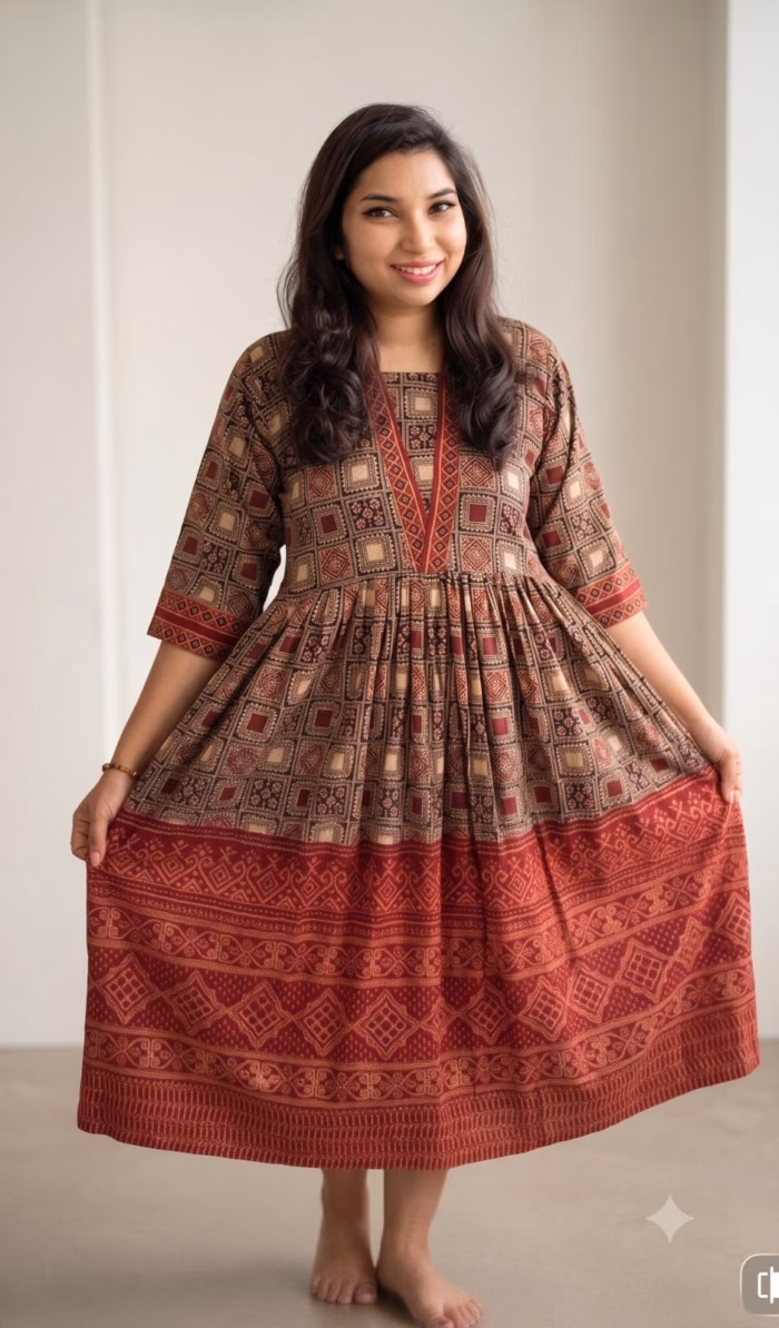 Ajrakh vegetable block print cotton dress for women in UK ethnic wear with flared silhouette
