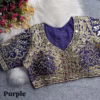 Purple 3D peacock mirror work readymade blouse with gold embroidery, zari detailing and an Italian silk party wear design.