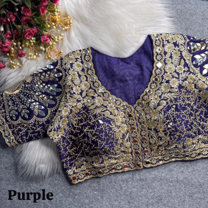 Purple 3D peacock mirror work readymade blouse with gold embroidery, zari detailing and an Italian silk party wear design.