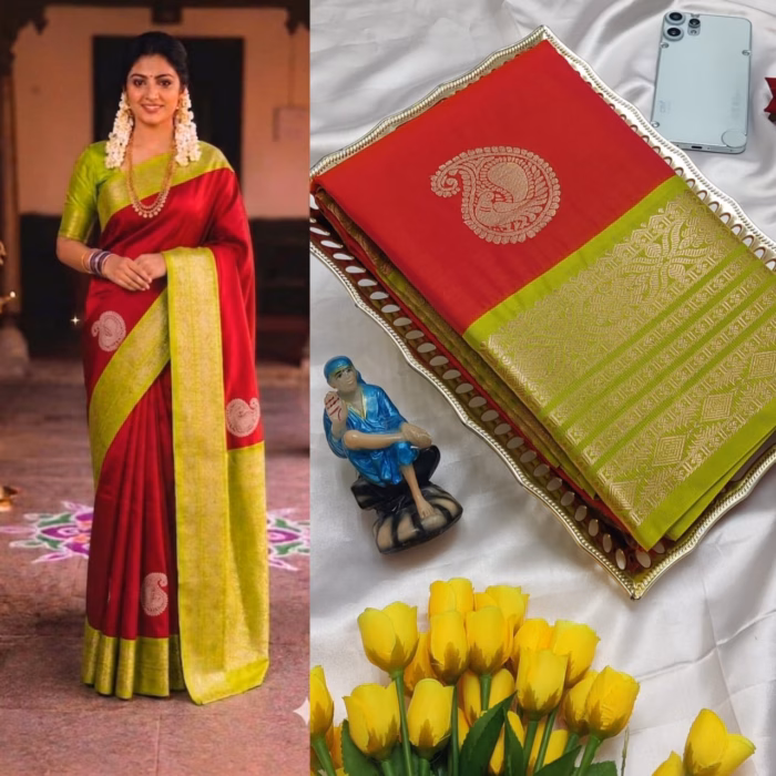 Luxury Korvai silk saree in dark red with lime green contrast pallu and gold motifs, styled with matching blouse, perfect for traditional celebrations.