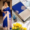 Luxury Korvai soft silk saree in royal blue with cream contrast pallu and intricate gold motifs, styled with matching blouse piece, perfect for festive or wedding occasions