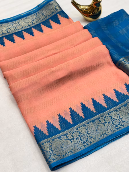 Marshmallow Silk Saree with weaving zari Checks contrast temple design