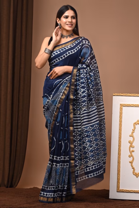 Maheshwari silk hand block print Indigo and white saree