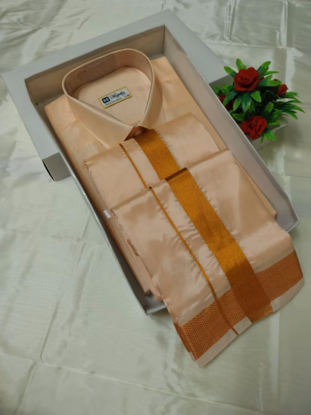 Peach Silk Veshti and Shirt Set for Men | Traditional Wedding & Festive Ethnic Wear