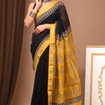Maheshwari Silk Ajrakh block print black and yellow saree
