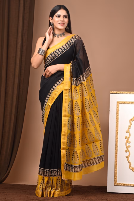 Maheshwari Silk Ajrakh block print black and yellow saree