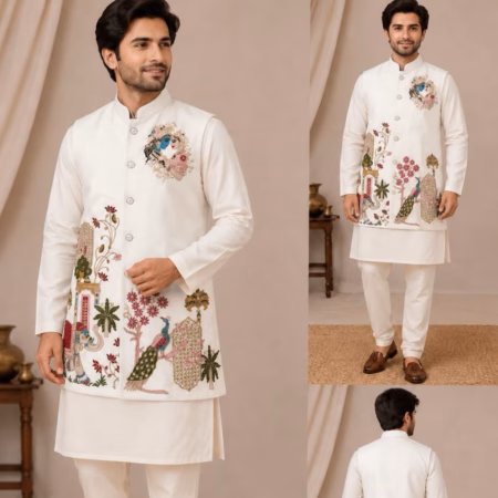 Designer Wedding Wear Koti Kurta Set for Men | Satin Ethnic Outfit