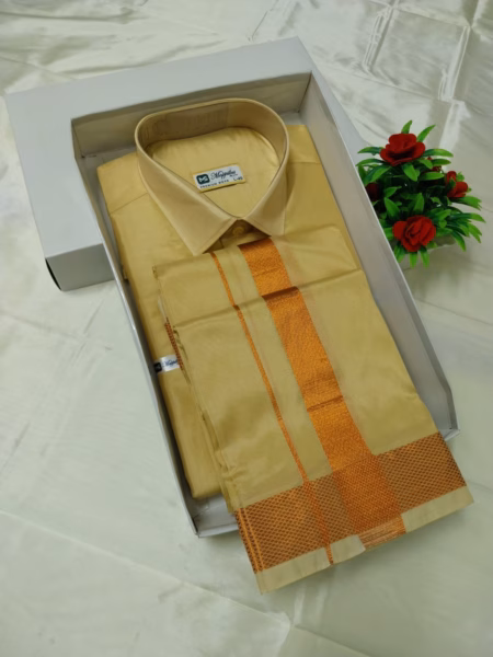 Premium Silk Veshti & Shirt Set for Men | Copper zari Traditional South Indian Wedding & Festive Wear