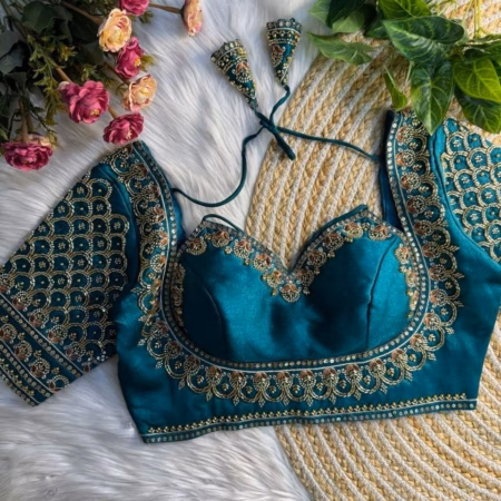 Teal beautiful heavy MASABA Style Beads Work Bridal Blouse