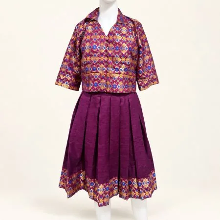 Purple Brocade Jacket and Pleated Midi Skirt