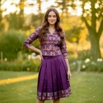 Purple Brocade Jacket and Pleated Midi Skirt