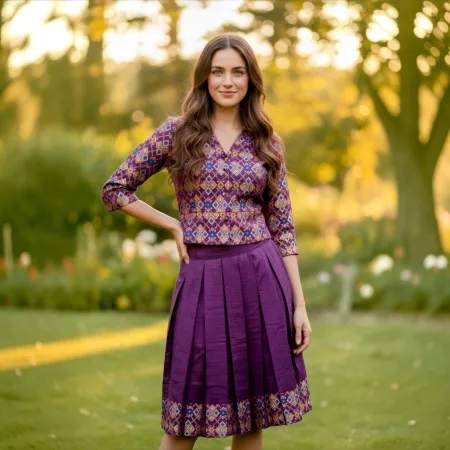 Purple Brocade Jacket and Pleated Midi Skirt